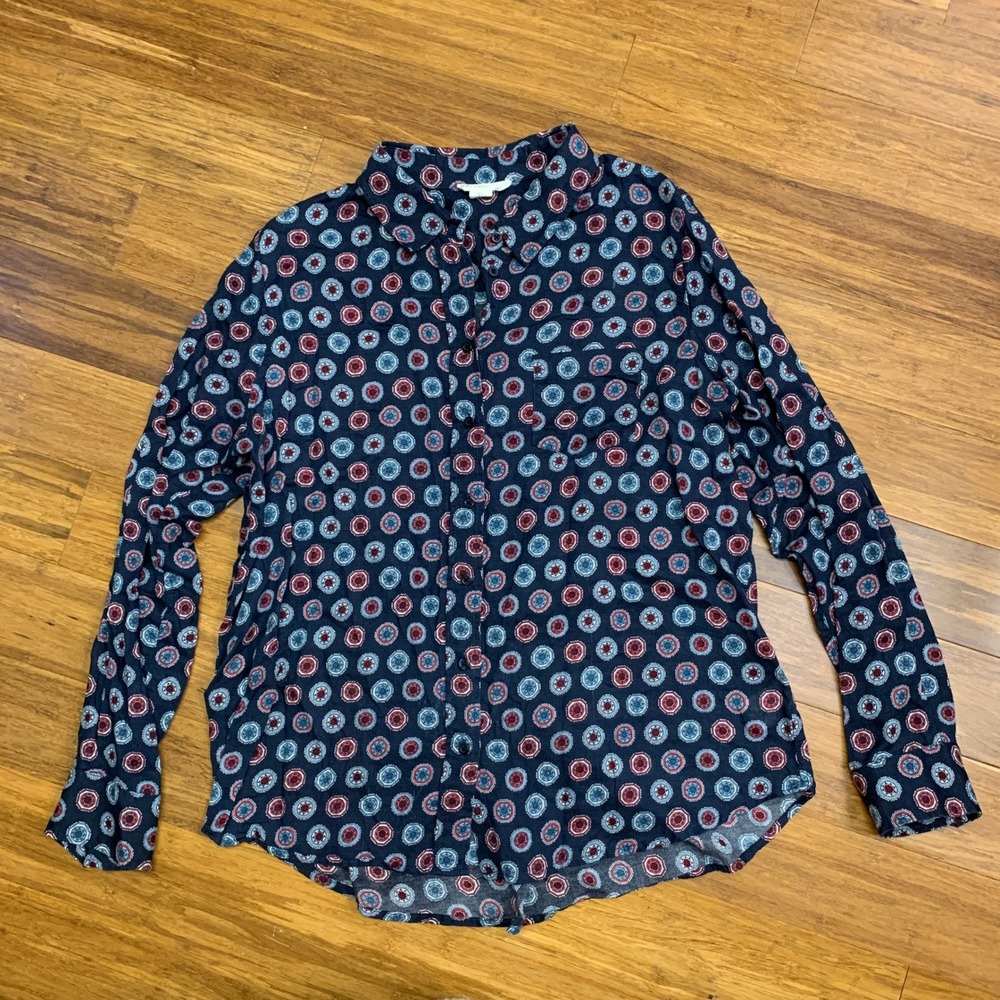 ARTISAN NY Navy Blue‎ Red Blue Floral Print Button Down Shirt Women's Size Large